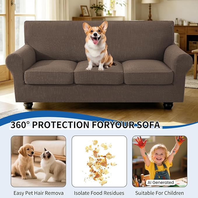 4 Piece Stretch Sofa Covers for 3 Cushion Couch, Non Slip Couch Covers for Sofa, Pet Couch Cover Washable, Couch Slipcover for Dogs, Kids (Light Brown), 91"-110" (3 Cushion XL Sofa) - Image 5