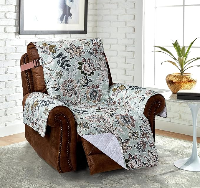 Brilliant Sunshine Green Vintage Flowers Couch Recliner Cover, 26" seat | Non Slip Sofa Cover, Quilted Furniture Protector, Washable Reclining Chair Slipcover for Pets, Dogs & Cats - Image 6