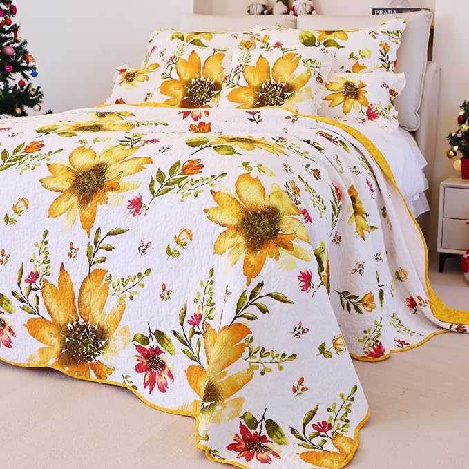 EVENHUG 100% Cotton Quilt Twin Size Yellow Sunflower Bedding Set Floral Lightweight Quilt Reversible Coverlet Bedspread with 1 Pillow Shams All Seasons 2 Pieces (68"x86") by EVENHUG