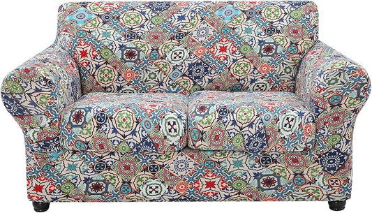 hyha Stretch Couch Cover, Sofa Covers for 2 Separate Cushion Couch Washable | Loveseat Cover, Floral Pattern, Printed, 3 Pieces, 2 Seater Furniture Protector with Elastic Bottom for Dogs, Pet Friendly by hyha