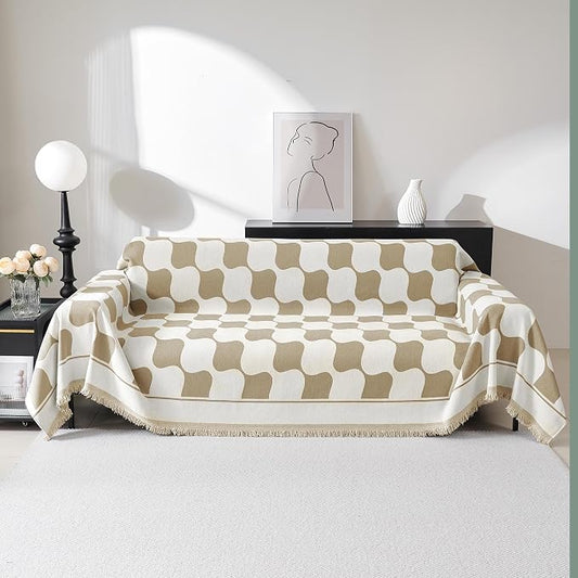 MEETSKY Oversized Sofa Cover Couch Cover for Sectional Sofa, Modern Jacquard Sofa Slipcover Loveseat Futon Cover, Pet Couch Cover Washable Couch Protector, Khaki Checkerboard by MEETSKY