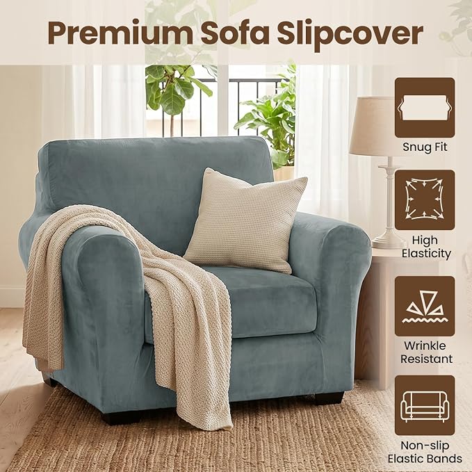XINEAGE 2-Piece Velvet Armchair Sofa Cover, Couch Covers for Dog,Light Gray | 1 Cushion Chair,Stretch Non-slip Elastic, Pet-friendly, Washable, Fast Setup, Soft Plush Fabric, Furniture Protector. - Image 2