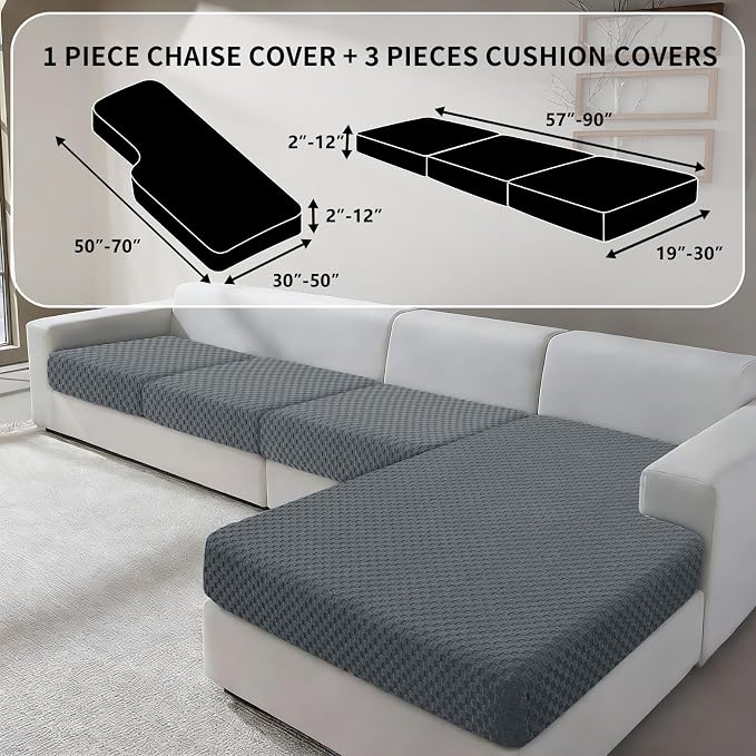 YEMYHOM Couch Cushion Covers for Sofa, Stretch Sectional Couch Seat Cushion Covers Washable Thick Furniture Protector Sofa Slipcovers for Pets (3 Seater + 1 Chaise, Dark Gray) - Image 2