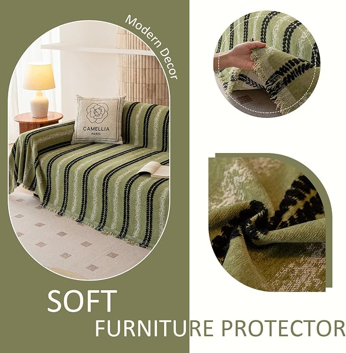 VClife Chenille Sofa Cover Bohemian Striped Pattern Couch Cover for Oversized Sofa - Sage Green Black Textured Sofa Slipcover Washable Furniture Protector for Couch Decorative Couch Cushion Cover - Image 6