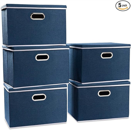 PRANDOM Large Collapsible Storage Bins with Lids [5-Pack] Fabric Foldable Storage Boxes Organizer Containers Baskets Cube with Cover for Home Bedroom Closet Office Royal Blue(17.7x11.8x11.8) by Prandom