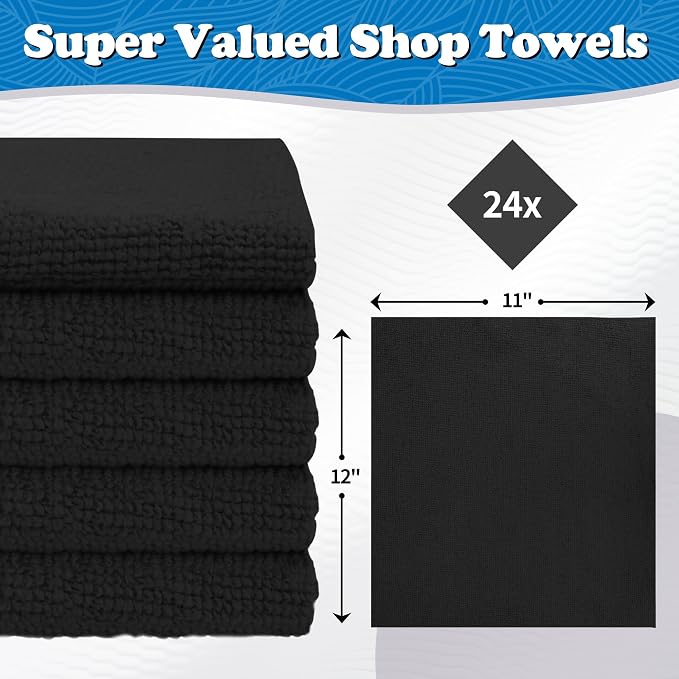 FIXSMITH Microfiber Cleaning Cloth, Shop Towels Bulk, 24 Pack Black Microfiber Towels for Cars, All-Purpose Absorbent Cleaning Rags, Dust Cloth for Automotive, Mechanic, Garage, Bar, 12 x 11 inch - Image 2