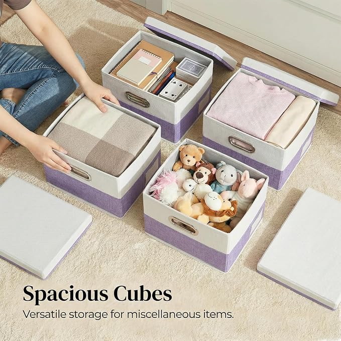 PRANDOM Storage Bins with Lids [3-Pack] Linen Fabric Foldable Storage Boxes Organizer Containers Baskets Cube with Cover for Bedroom Closet Office Purple&White（11.4X8.6X6.7 - Image 3