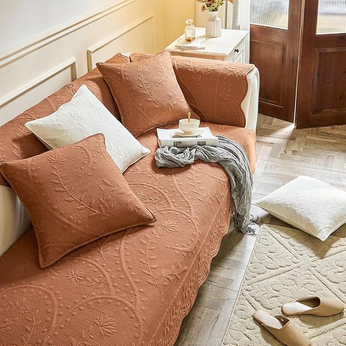 Leaf Floral Cotton Quilted Dog Couch Cover for Sofa Farmhouse Rustic Embroidered Sectional Couch Cover Soft Anti-Slip Sofa Slipcover Furniture Protector for Kids, Pets (Orange,36"x94") - Image 3