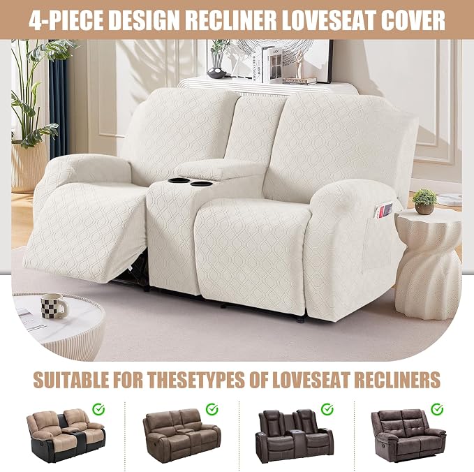 VANSOFY Recliner Loveseat Cover with Middle Console Stretch Reclining Sofa Slipcover for 2 Seat Jacquard Reclining Couch Sofa Covers Furniture Protector with Elastic Straps Bottom (Off White) | 4-Pieces, Soft Furniture Protector, Washable Slipcover wit... - Image 4