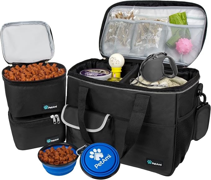 PetAmi Dog Travel Bag Organizer, Pet Travel Kit with 2 Food Containers & 2 Collapsible Dog Bowls, Pet Supplies Tote with Luggage Sleeve, Weekend Road Trip Camping Essentials, Black, Medium by PetAmi