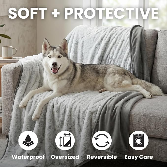 Waterproof Dog Blanket for Cats & Dogs, Washable Couch Cover, Reversible Furniture Protector Blanket, Large Soft Sherpa Fleece, Couch Protector, Pet Throw Blankets, 60" x 70" - Image 2