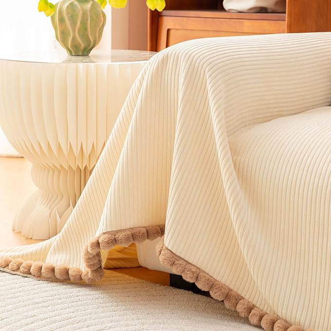 Beige Boho Striped Couch Cover for Sectional, Soft Chenille Jacquard Sofa Cover for 2 Cushion Couch with Pom Pom Edge, Pets Sofa Protector for Loveseat Washable, Sofa Slipcover for L Shaped-71X118IN - Image 7