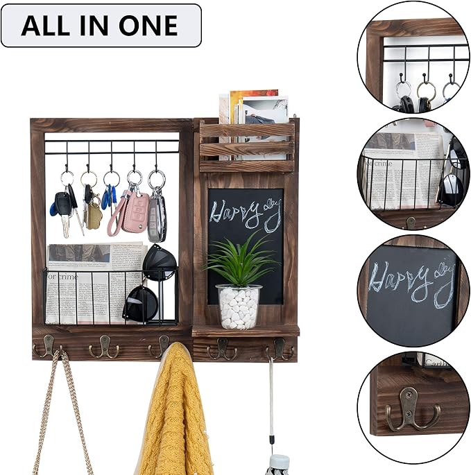 Key Holder for Wall, Mail Organizer Wall Mount with 5 Hooks and Shelf | Home Decorative with 5 Double Hooks and Chalkboard for Home Coat/Letter/Dog Leash/Entryway/Hallway/Living Room Decor - Image 3