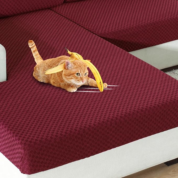YEMYHOM 【Clearance】 Stretch Individual Cushion Covers Sofa Seat Cushion Slipcovers Soft Couch Cover Replacement Large Checkered Furniture Protector with Elastic Bottom (3 Pc Cushion Cover, Wine Red) - Image 7
