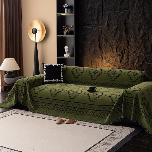 DREAMINGO Boho Couch Cover Sofa Covers for 3 Cushion Couch Jacquard Chenille Couch Cover Blanket Living Room Pet Furniture Protector Sectional Couch Covers for Dogs Washable, Green, 71"x150" by DREAMINGO