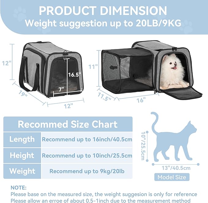 Petsfit 19"X12" X12" Expandable Pet Carrier, Square Expansion Reduces Pet Anxiety, Escape-Proof Self-Locking Zippers, 3 Easy-Access Entrances, for Cats & Small Dogs up to 18 lbs