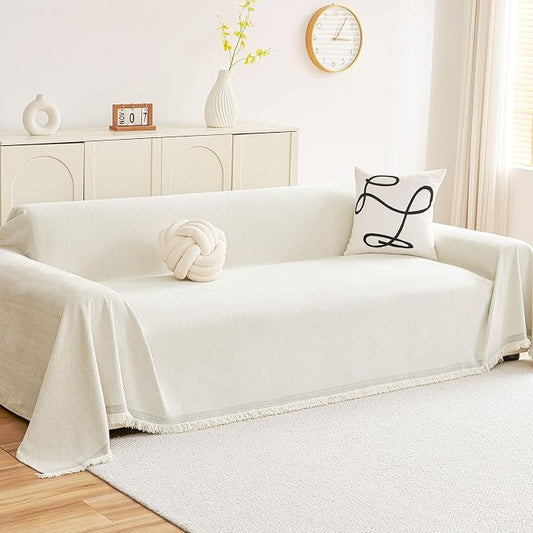 hyha Couch Cover for Dogs, Boho Chenille Sofa Cover for 3 Cushion Couch | Anti-Scratch Washable Sofa Slipcover, Loveseat Sectional Couch Throw Blankets with Tassels (Beige, 71x134 Inch) by hyha