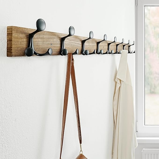 SKOLOO 43-Inch Wood Burnt Coat Rack Wall Mount with 8 Triple Hooks - Ideal for Family Entrances, Classrooms, and Pet Supplies Storage - Perfect Coat Hooks for Wall - Image 5