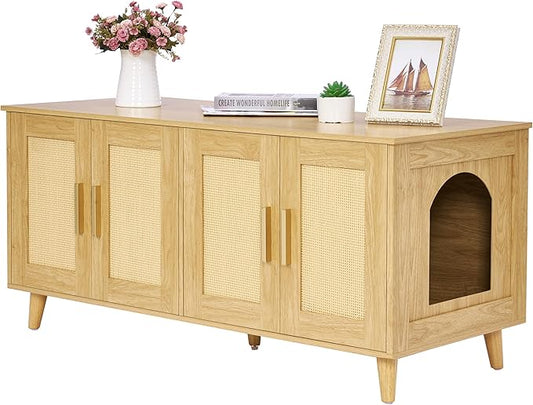 Homhedy Boho Cat Litter Box Enclosure for 2 Cats, Natural | Hidden Litter Box Furniture with Double Rattan Decorated Doors, Cat Washroom, Cat House, Dog-Proof, TV Stand by Homhedy