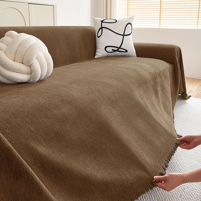 hyha Couch Cover for Dogs, Boho Chenille Sofa Cover for 3 Cushion Couch | Anti-Scratch Washable Sofa Slipcover, Loveseat Sectional Couch Throw Blankets with Tassels (Chocolate, 71x150 Inch) - Image 5