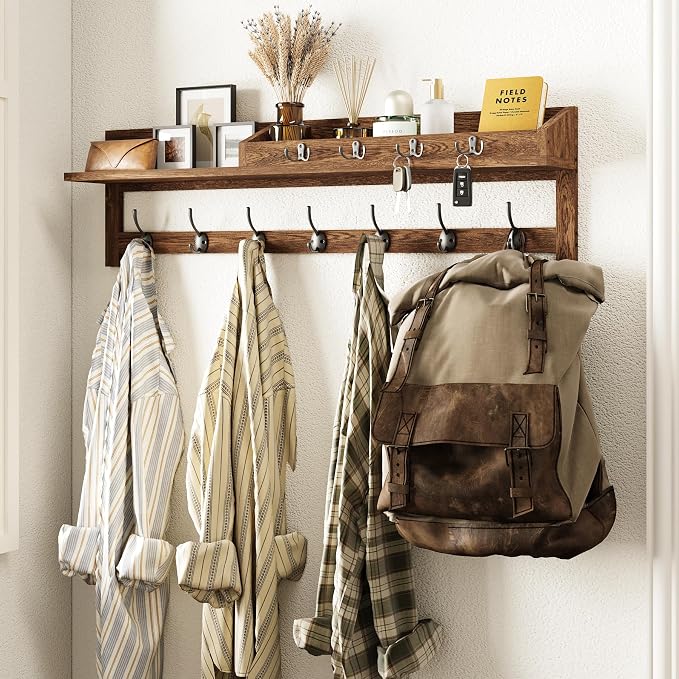 AMBIRD Coat Rack Wall Mount, 35 inch Large Wall Hooks with Shelf, Entryway Shelf with 7 Dual Coat Hooks 4 Key Hooks Mail Organizer, Wooden Coat Hanger and Key Holder Wall Mount - Image 7