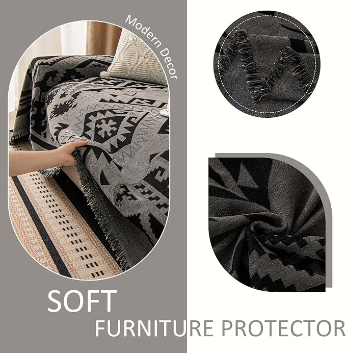 VClife Boho Couch Cover, Aztec Sofa Cover for Dog, Non Slip Washable Couch Covers for 3 Cushion Couch Sofa, Reversible Triangle Geometric Futon Cover Furniture Protector (Black-Grey, 71" x 134") - Image 6