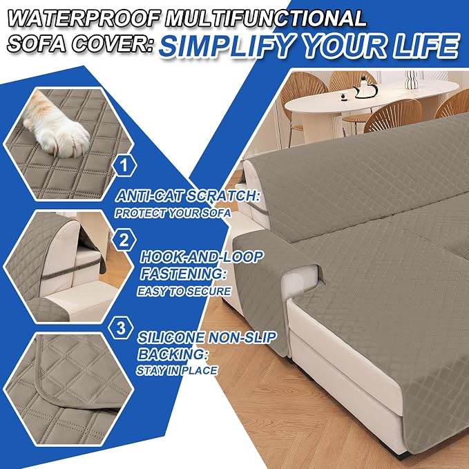 Waterproof Sectional Couch Covers for Dogs, Reversible L Shaped Couch Cover, Chaise Lounge Cover for Sectional Sofa, Sofa Covers Washable Sectional for Pets Dog Cat (Small, Khaki) - Image 6