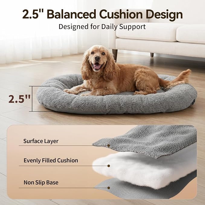 Dog Bed for Crates, Medium Dogs 35x22, Washable, Dual-Sided | Reversible Plush & Oxford Pad, Warm & Cooling Cushion, All Seasons Comfort, Soft Thick Support, Oval, Grey Durable Fabric - Image 3