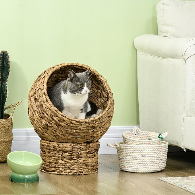 PAWHUT Egg Chair Rattan Elevated CAT Bed with Removable Cover, 17-in, Brown | Soft Cushion & Egg Chair Shape, Basket Bed Kitty House with Stand, Raised Wicker House - Image 2