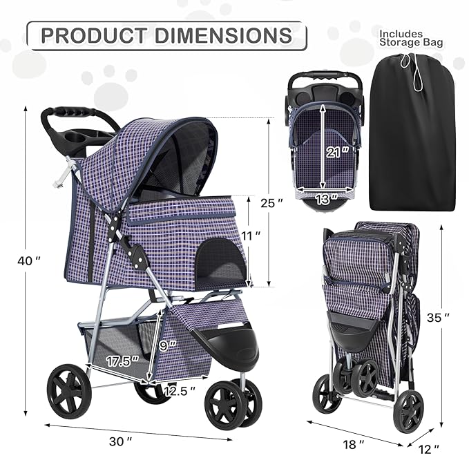 MoNiBloom 3 Wheels Pet Dog Cat Stroller for Small Medium Dogs Cats, Lightweight Foldable Jogger Stroller w/Storage Basket and Cup Holder, Plaid