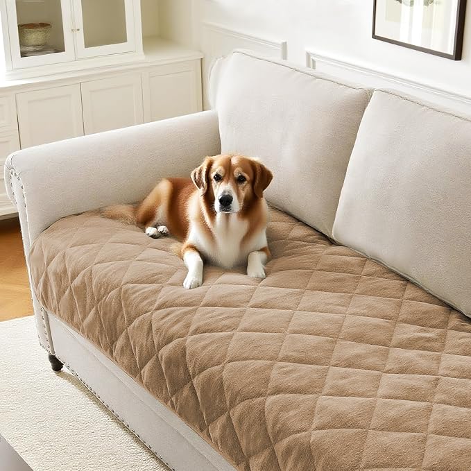 PrinceDeco Couch Covers for Dogs Chenille Sofa Covers for 2 Cushion Washable Quilted Checkered Fuzzy Pet Couch Cover Soft Couch Protector Non-Slip Sofa Pads for Puppy Cat Kids(34.5" x 60", Khaki) by PrinceDeco