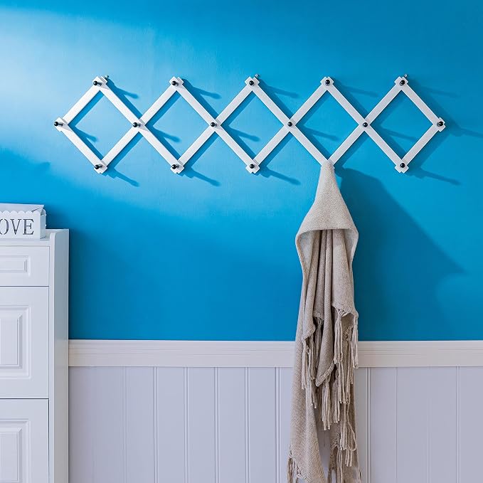 SKOLOO Accordion Wall Hanger with 16 Hooks, Modern Expandable Coat Rack Hat Rack for Wall, Solid Wooden, Black on White - Image 2