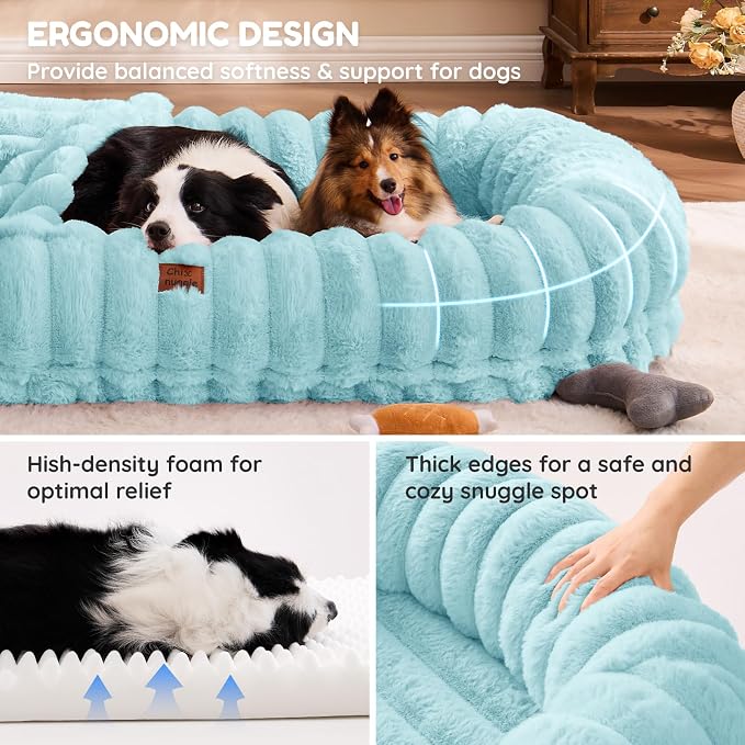 ChiXnuggle Orthopedic Human Dog Bed,Striped Faux Fur Washable Cover,Blanket | blue,72*40*10,giant dog bed for adult or extra large dogs,egg crate foam,non-slip bottom - Image 4