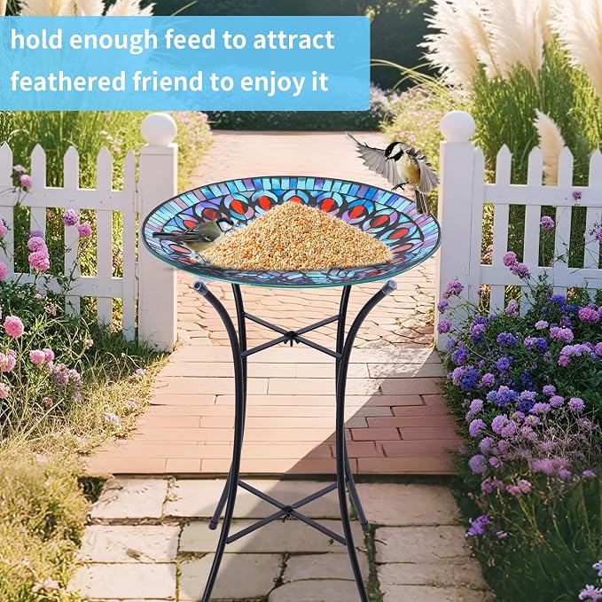 MUMTOP Mosaic Glass Bird Baths with Metal Stand for Garden Decor, Peacock | 14 Inch Width 19.68 Inch Height Outdoor Garden Peacock Bird Bath Bowl, Unique Glass Birdbaths Bird Feeder for Yard Decor - Image 6