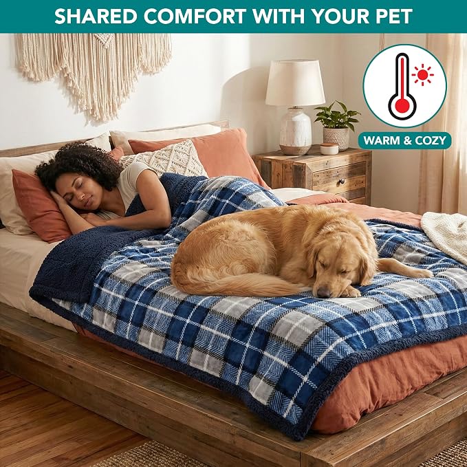 PetAmi Waterproof Dog Blanket for Couch, Large 60x40, Pee Proof Sherpa Fleece Reversible Pet Throw, Furniture Protector for Bed Sofa Kennel, Soft Washable Cover for Medium Dogs Cats, Plaid Blue - Image 4