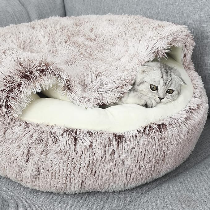 ShinHye Cat Bed Round Plush Fluffy Hooded Cat Bed Cave, Cozy for Indoor Cats or Small Dog beds, Soothing Pet Beds Doughnut Calm Anti-nxiety Dog Bed - Waterproof Bottom Washable (26×26inch, Coffee) - Image 4