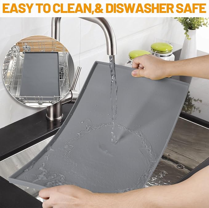 Hubulk Dog Feeding Mat,100% Waterproof Food Grade Silicone Pet Food and Water Bowl Placemat,Dishwasher, High Raised Edge to Prevent Spills,Nonslip Tray to Stop Messes on Floor（28"x18"x0.8", Grey） - Image 7