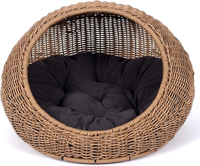 D+GARDEN Wicker Cat Bed Dome for Medium Indoor Cats - a Covered Cat Hideaway Hut of Faux Rattan Houses Pets in Dome Basket, Washable - Image 8