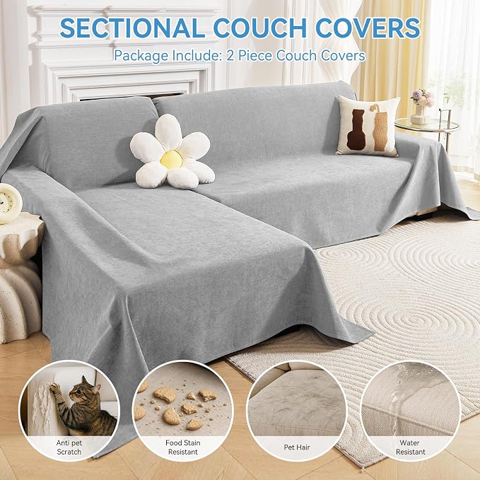 Deep Dream Sectional Couch Covers, 2 Pieces 100% Waterproof L Shaped Sofa Cover, Non Slip Couch Cover for Dogs Cats Washable, Pet Friendly Sofa Slipcovers Furniture Protector (XX-Large, Light Grey) - Image 3