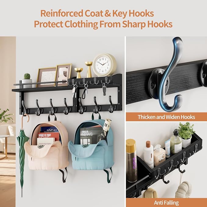 29 inch Coat Rack Wall Mount with Shelf, Heavy Duty Coat Hooks Wall Mount, Entryway Coat Hanger Wall Shelf with Key Holders and Mail Organizer for Living Room, Bedroom, Bathroom, Black - Image 3