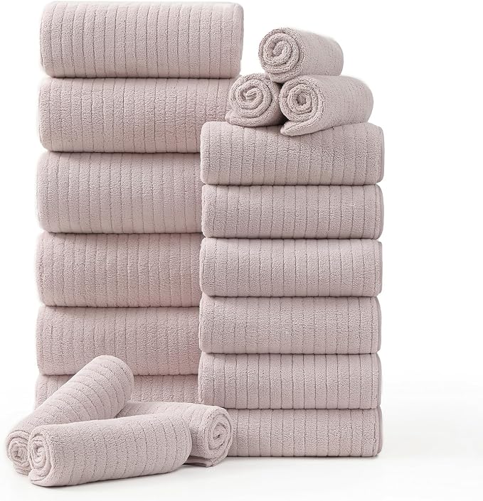 18 Piece Family Bath Towel Set Include 6 Bath Towels,6 Hand Towels and 6 Washcloths Soft Bathroom Towel with Hanging Loops,Highly Absorbent Quick Dry Towels Set for Bathroom,Hotel and Spa-Light Purple by Hailea