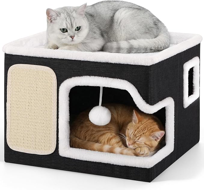 Cat Beds for Indoor Cats, Large Cat Cave with Cozy Hideout, Scratch Pad, Fluffy Ball, Foldable Cat Hideaway Hold Up to 30LBS, Indoor Cat House with Reversible Soft Cushions for All Seasons, Black by Shikha
