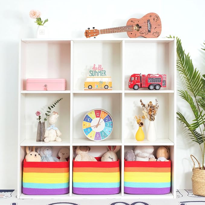 MINTWOOD Design 3-Pack Storage Baskets for Shelves, Playroom and Classroom, Book Basket, Decorative Storage Cube Bins, Woven Closet Organizers, Pantry and Shoe Organizer, Rainbow - Image 4