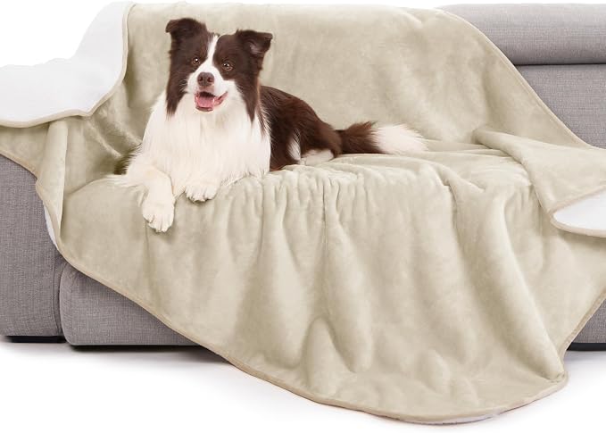 gogobunny Waterproof Bed Blanket, Reversible Sherpa Fleece Throw Blanket for Dog Puppy Cat, Furniture Cover Protects Bed Couch Sofa from Liquid Pee and Pet Fur (Cream, 90x108 inches) by gogobunny