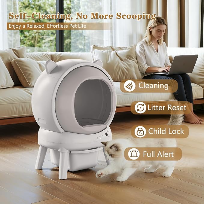 PUPETPO Self Cleaning Litter Box, Automatic Cat Litter Box for Multiple Cats, Auto Litter Box Robot with APP Control, Dual Safety Sensors, Odor Control&Low Noise, Cat Ears Design, Ivory White - Image 2