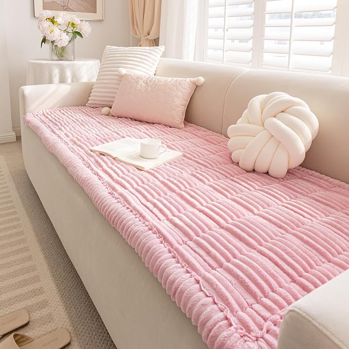 vctops Striped Couch Cover Super Soft Corduroy Sectional Sofa Cover Washable Non Slip Sofa Slipcover Furniture Protector for Kid Dog Pet,1 Piece (Pink,27"x59") by vctops