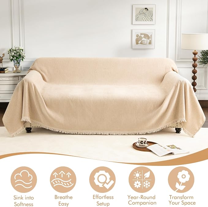 Couch Cover for 3 Cushion Couch Sofa Pet Friendly, Chenille Sectional L Shaped Sofa Cover Washable for Dogs Cats Kids, Leather Furniture Protector Slipcover Decor for Living Room, 91"x134" - Image 2