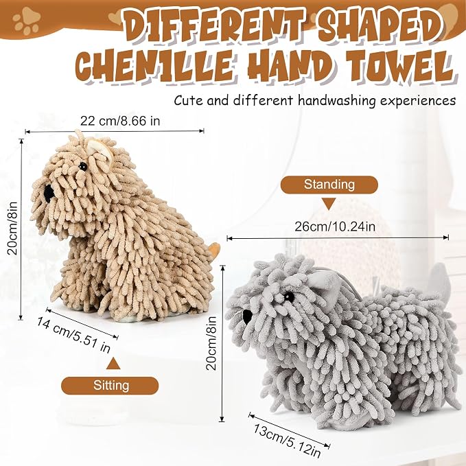 Tegeme 2 Pcs Chenille Dog Hand Towel Fuzzy Towel Absorbent Microfiber Soft for Bathroom Kitchen Washstand (Khaki Grey,Siting and Standing Dog) - Image 2