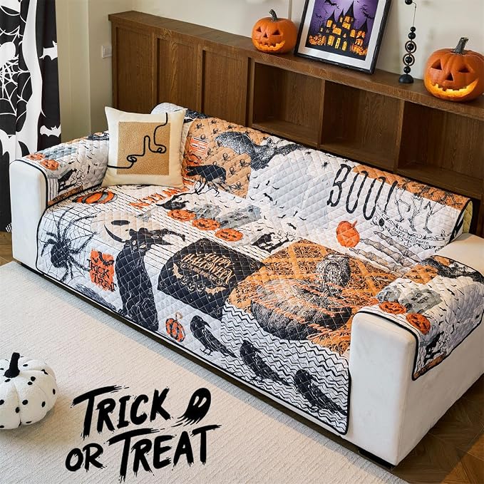 Cmfshape Halloween Sofa Slipcover-Black&Orange with Pumpkin,Spider,Pet Friendly Couch Covers for 3 Cushion Sofa,Washable Sofa Protector for Holiday,Anti-Slip with Elastic Band - Image 2