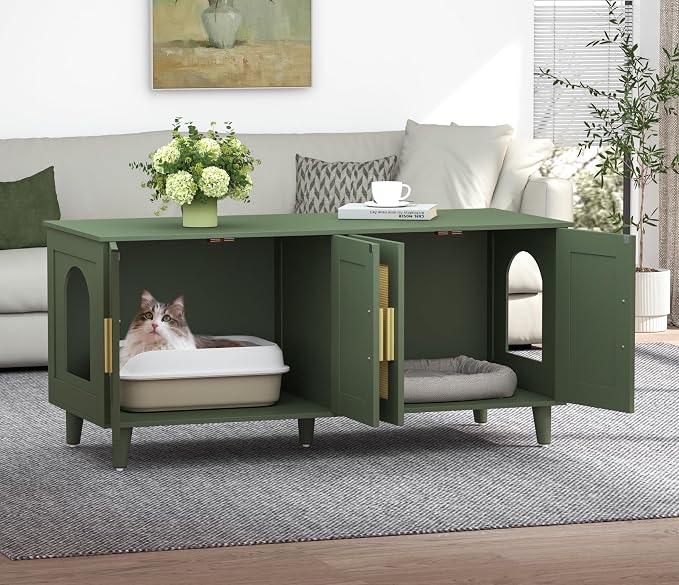 Homhedy Boho Cat Litter Box Enclosure for 2 Cats, Green and Natural | Hidden Litter Box Furniture with Double Rattan Decorated Doors, Cat Washroom, Cat House, Dog-Proof, TV Stand - Image 8
